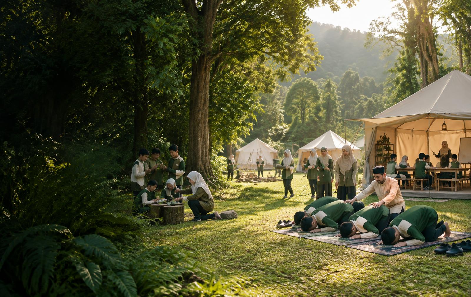 Brainy Bunch students learning, camping and performing solat outdoors