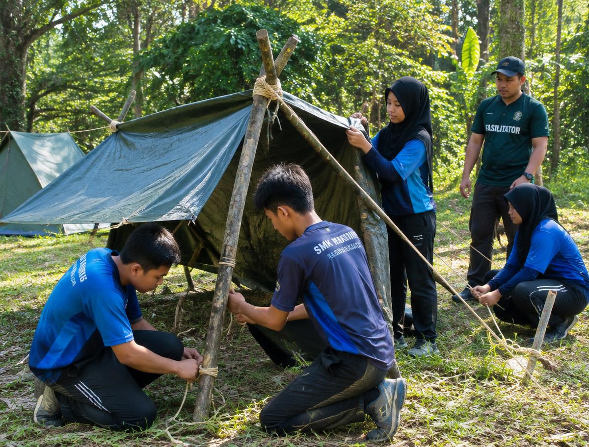 Students practising survival skills at the campsite